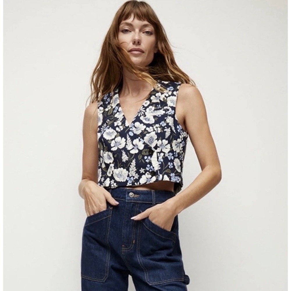 Veronica Beard Navy Blue Floral Cropped Vest Double Breasted V-Neck Top Size 4
